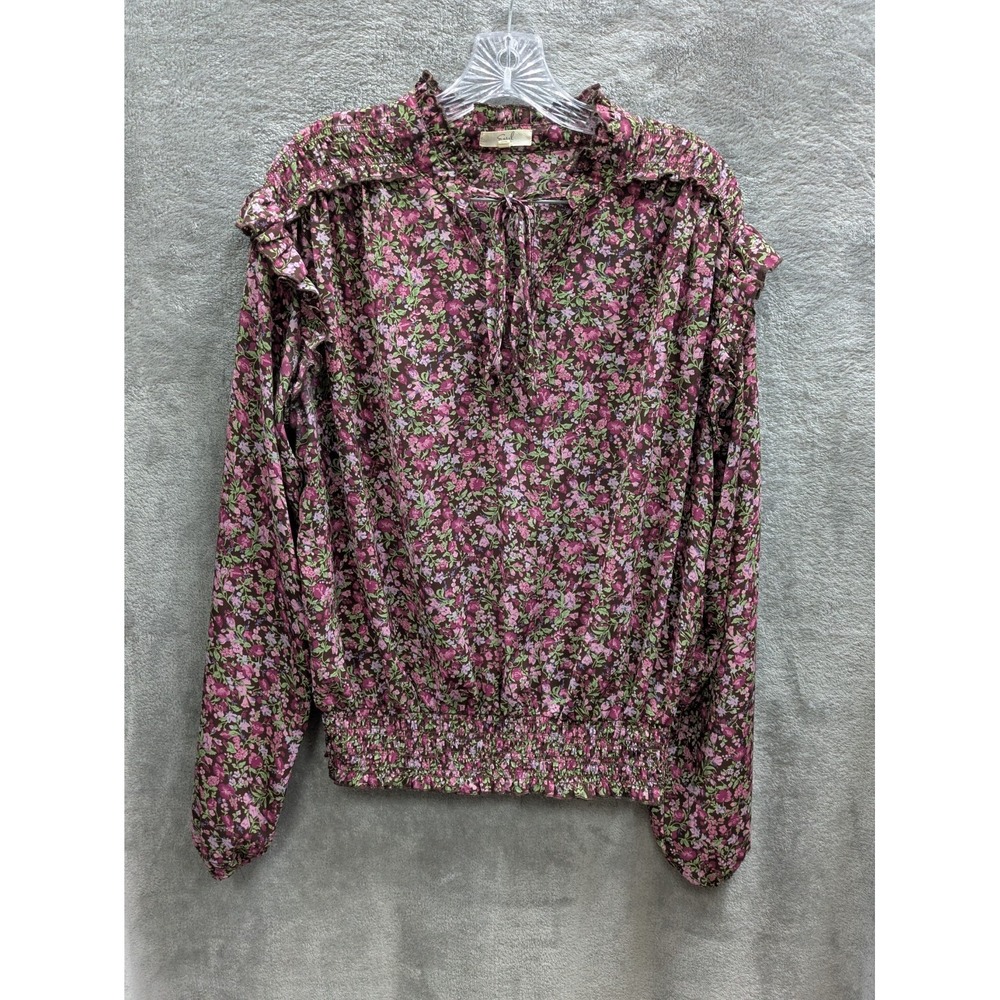 Smocked Blouse Women's Large Boho Cottagecore Tie Neck Chiffon Top Fairycore‎